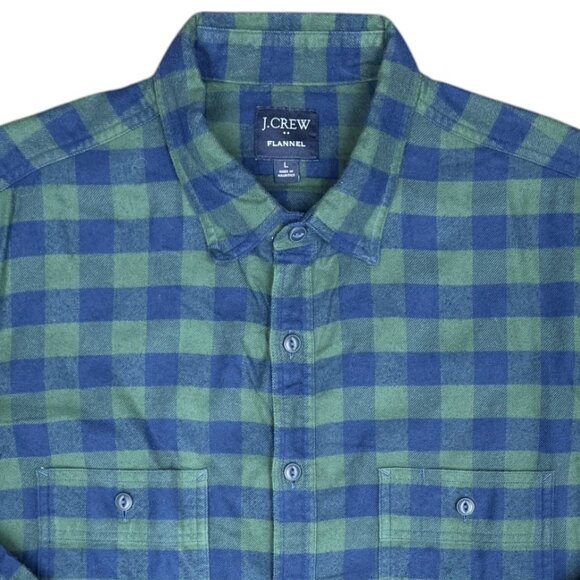 EUC Men's J. CREW Flannel Button Down Camp Shirt Navy and Green Gingham | Size L - Picture 3 of 8